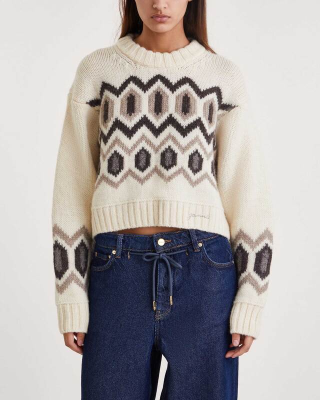 Ganni Sweater Chunky Graphic Wool Cropped O-neck Egret M