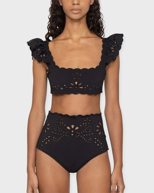 Sea New York Bikini Top Liat Embroidery Flutter Sleeve Black L