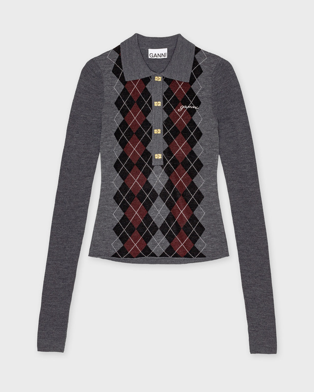 Ganni Sweater Fine Merino Jacquard Polo Mörkgrå XS