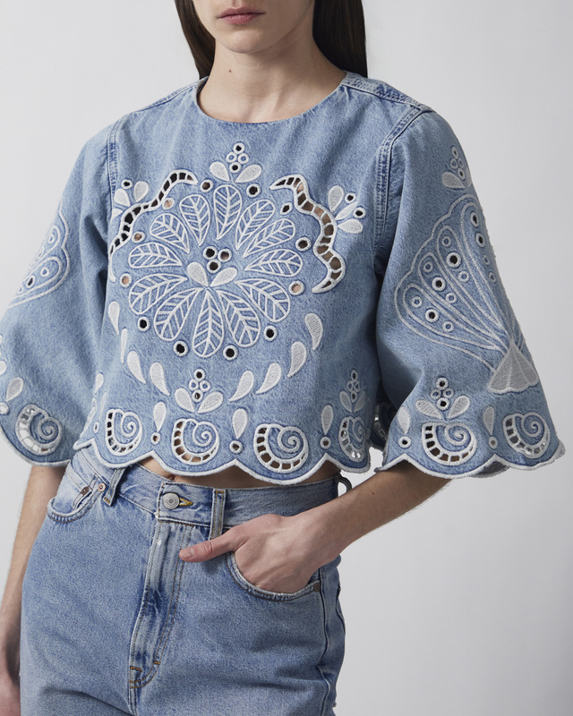 FARM Rio Blouse Denim Richelieux Cropped Denim XS