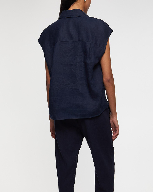 Vince Blouse Linen Cap-Sleeve Button-Front Blue XS
