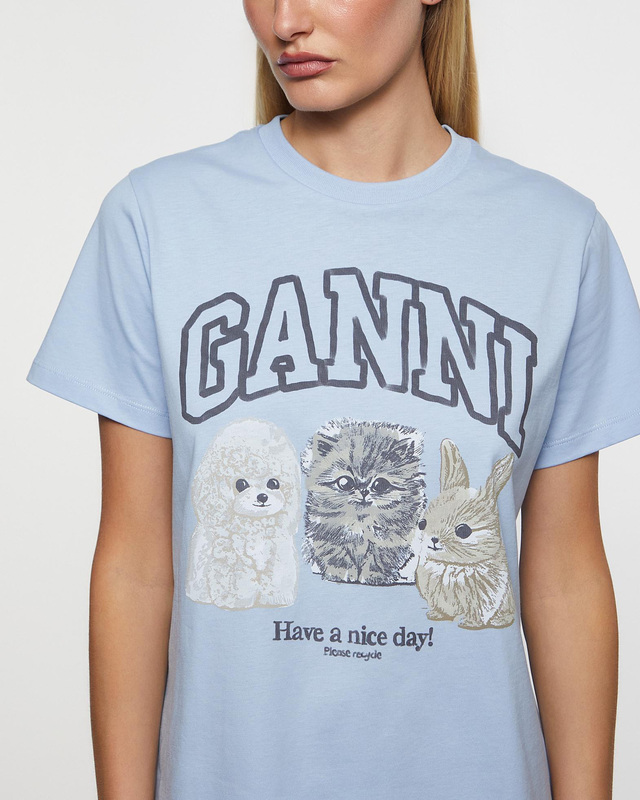 Ganni T-Shirt Basic Cotton Animals Relaxed Ljusblå XS