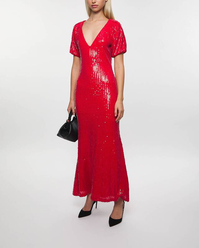 ROTATE Birger Christensen Klänning Sequins Midi V-Neck Röd 34