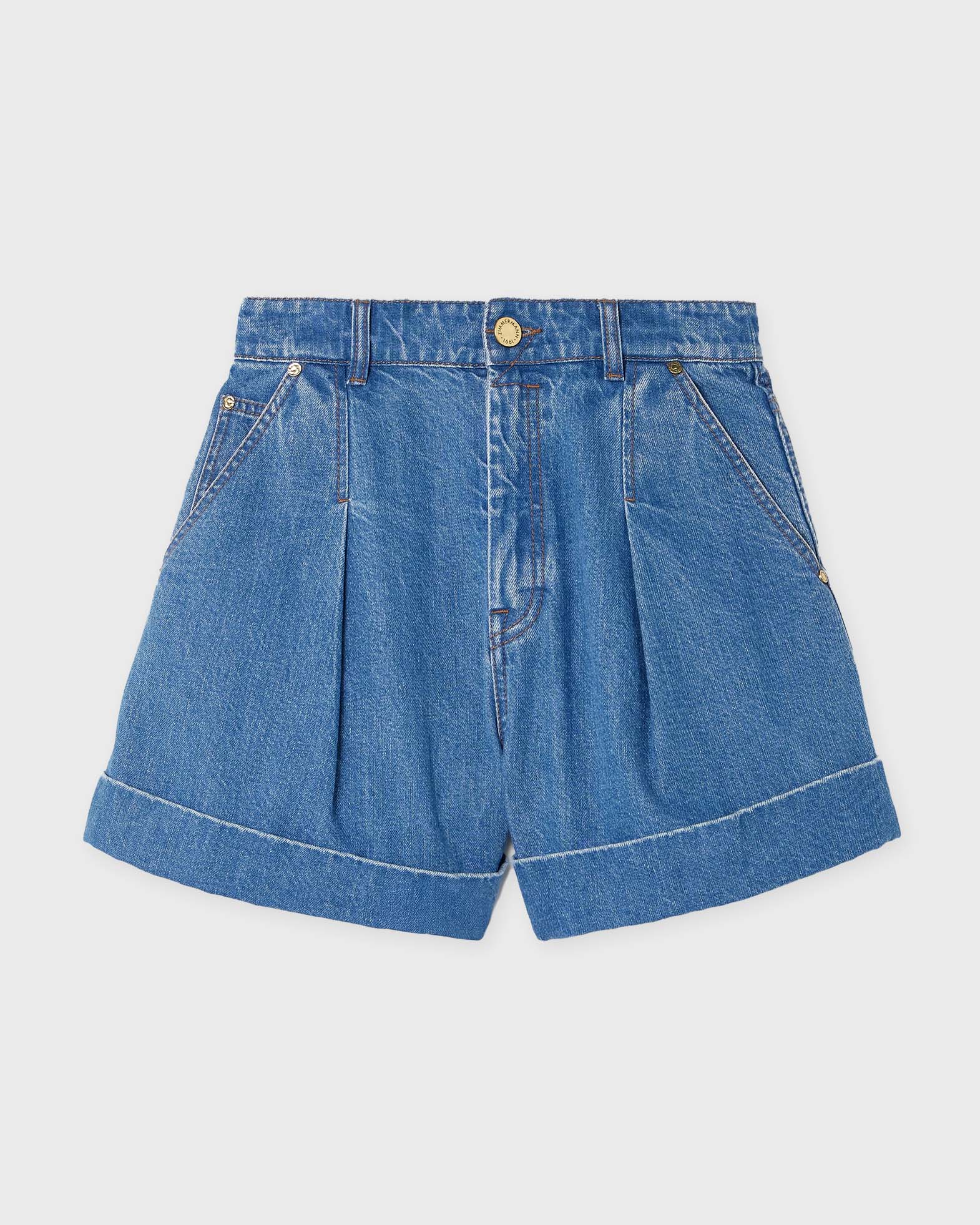 Zimmermann Pleated Denim Shorts With Cuff In Blue