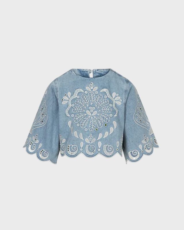 FARM Rio Blouse Denim Richelieux Cropped Denim XS
