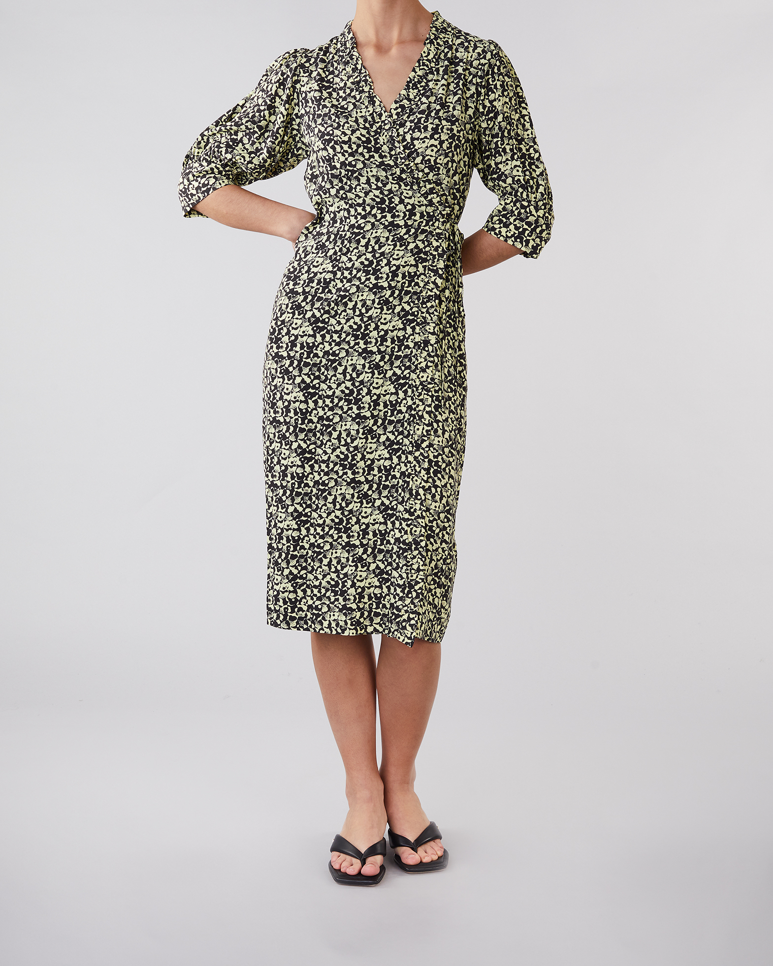 Ganni - Printed Crepe Wrap Ruffle Dress 