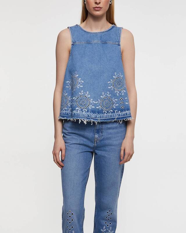 Ganni Top Broderie Anglaise Denim Ljusblå 40