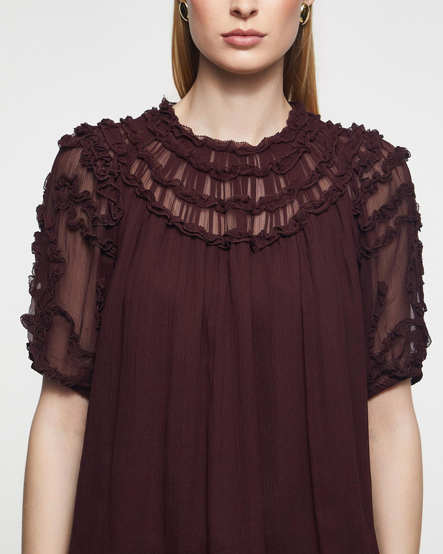 Ulla Johnson Blouse Isolda Silk Smocked Short Sleeve Mahogny  US 6 (EUR 38)