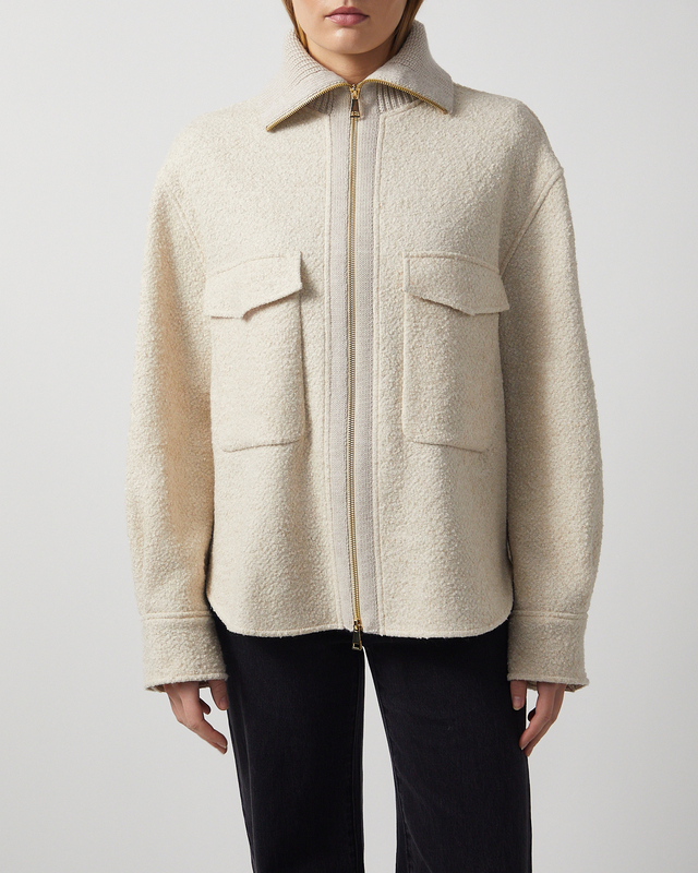 Moncler Jacket Bouclé Wool Blend Zip-Up Beige  IT 46 (EUR 40)