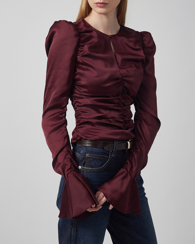 ROTATE Birger Christensen Top Chiffon Ruched Long Sleeve Red/Pink 36