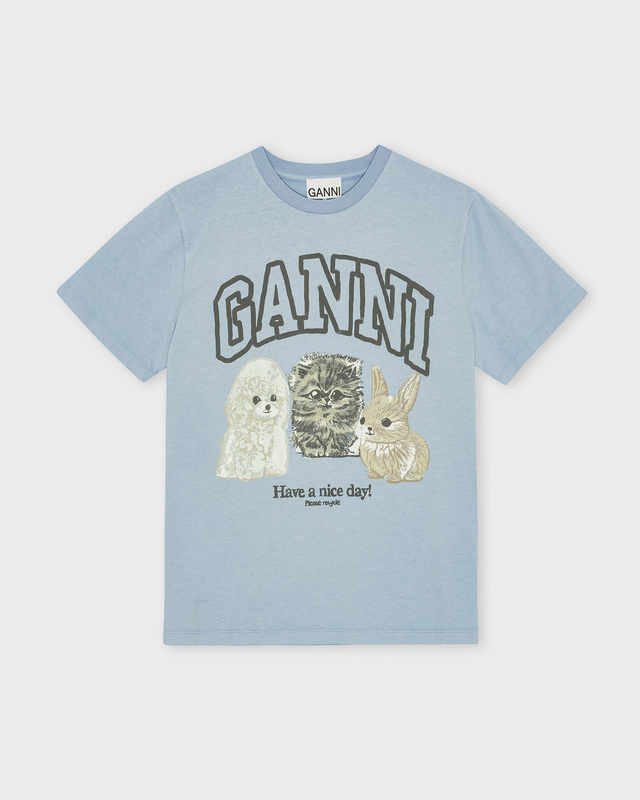 Ganni T-Shirt Basic Cotton Animals Relaxed Ljusblå XS