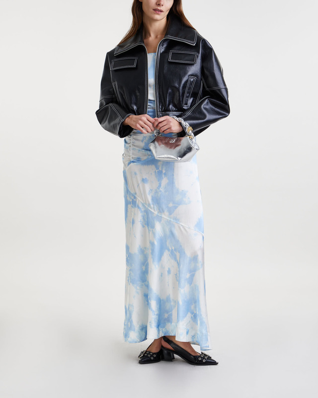 GANNI Klänning Printed Satin Ruched Long Slip Blå 40