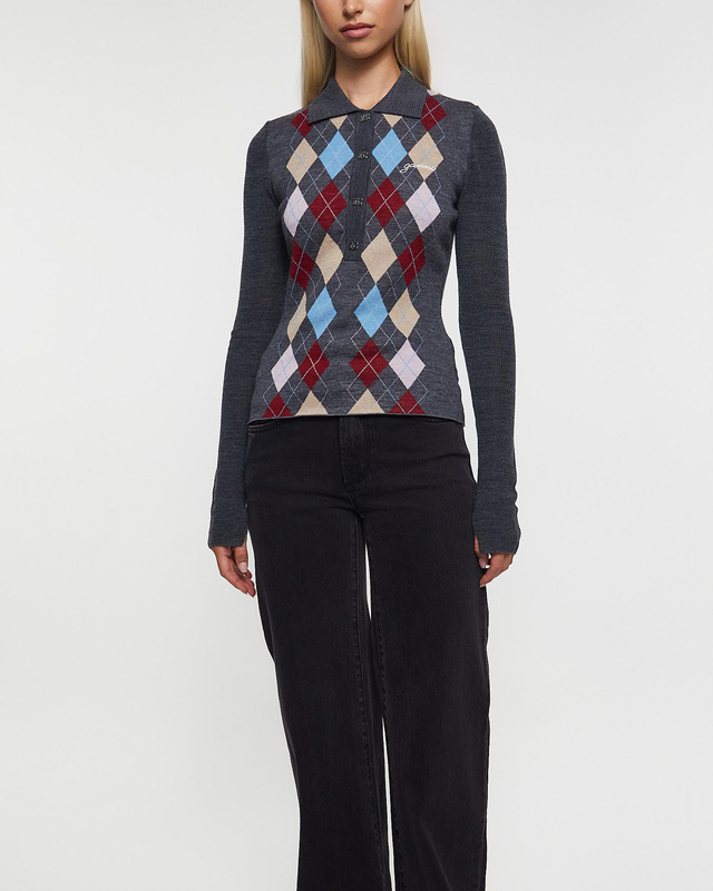 Ganni Sweater Fine Merino Jacquard Polo Paloma melange XL