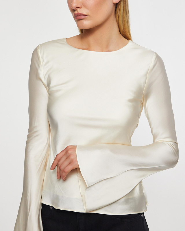 Ganni Blouse Solid Stretch Satin Long Sleeve Egret 34