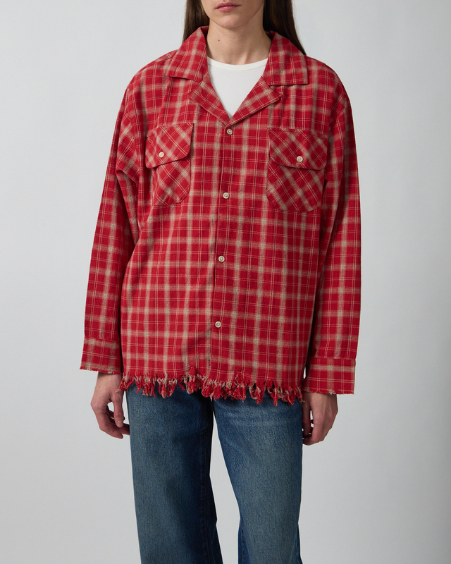 Found Skjorte Camp Raw Cut Fringe Plaid Red L