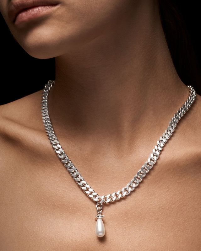Maria Nilsdotter Necklace Chunky Chain Drop Pearl Silver ONESIZE