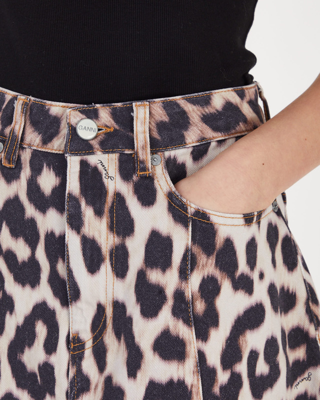Ganni Skirt Print Denim High Waist Leopard 36