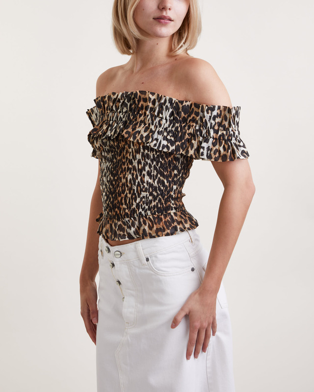 Ganni Topp Sheer Voile Off-shoulder Smock  Almond 38
