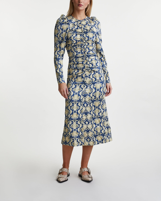 Ganni Dress Crinkled Satin O-Neck Safari 34