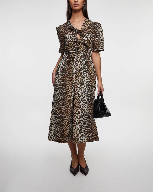 Ganni Dress Printed Cotton Tie Strap Midi  Leopard 42