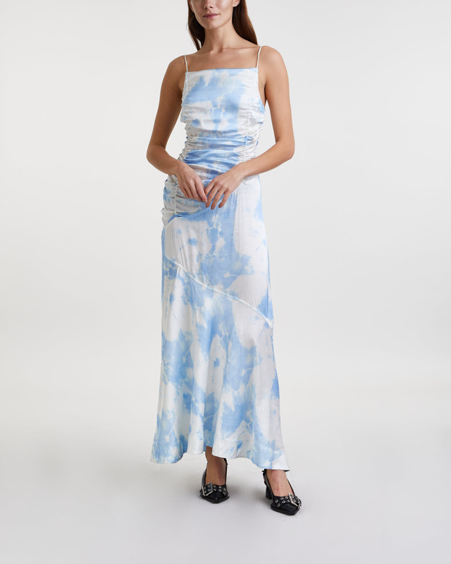 GANNI Klänning Printed Satin Ruched Long Slip Blå 40