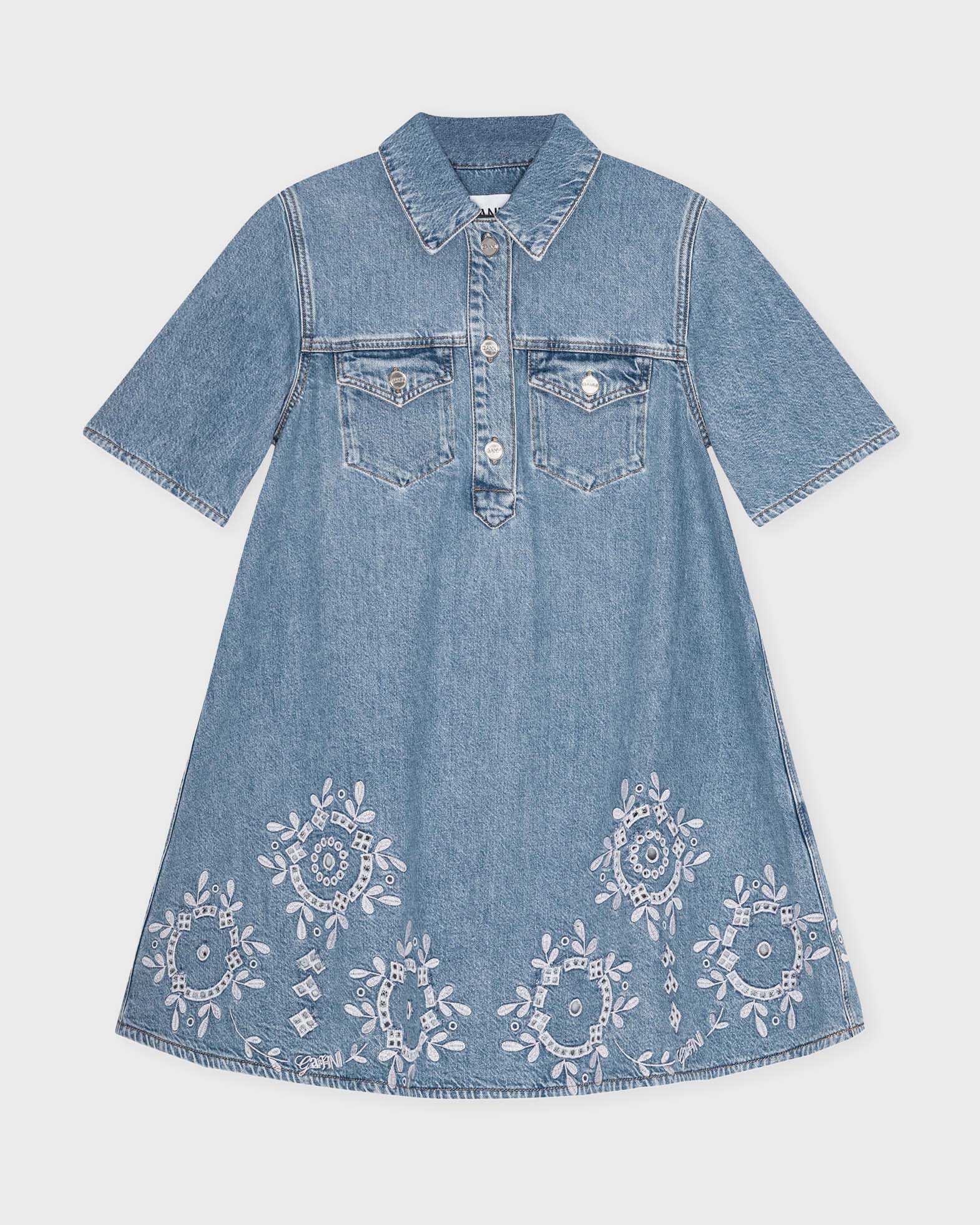 Ganni Women's Light Blue Dress Broderie Anglaise Denim Mini 34