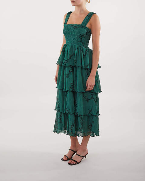 Dress Pleated Georgette Flounce Midi Green 2