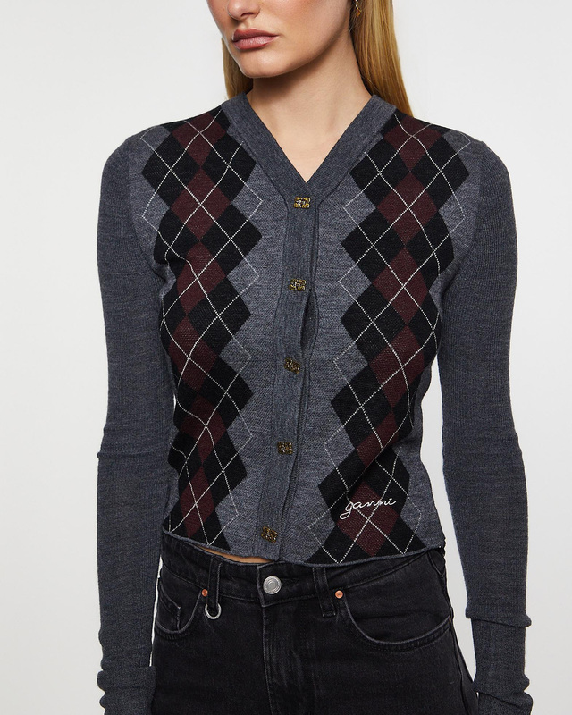 Ganni Cardigan Fine Merino Jacquard Grå S