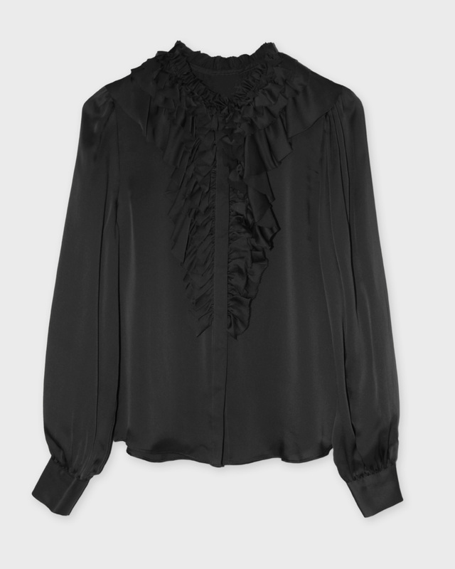 Ulla Johnson Blus Rouen Silk Ruffle Front Long Sleeve  Noir US 4 ( EUR 36)