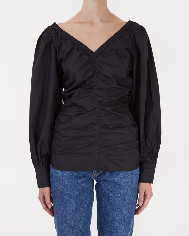 Ganni Blouse Cotton Poplin V-neck Gathered Black 44