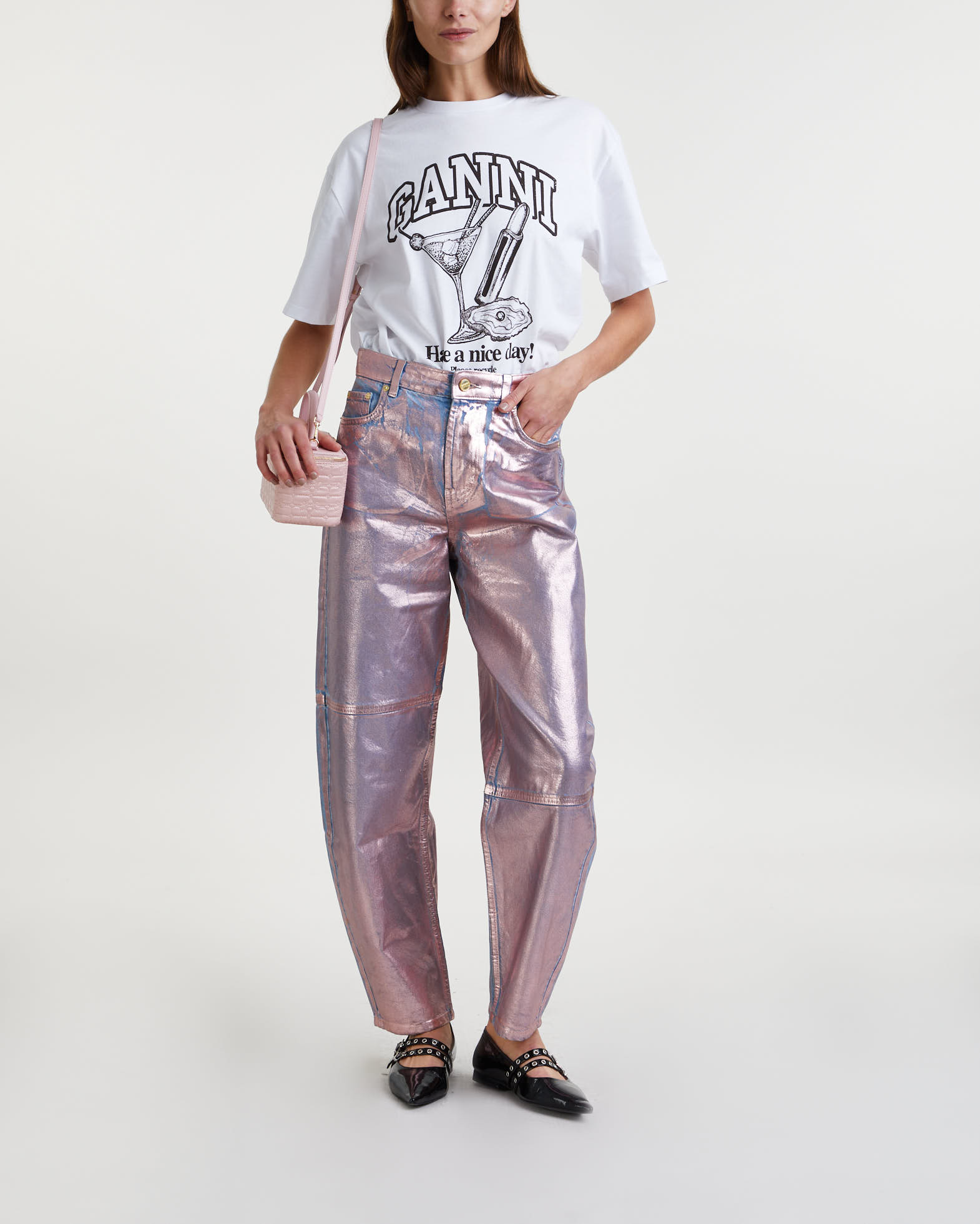 Ganni Stary Barrel Jeans in Printed Denim in Light Blue Vintage main image 1