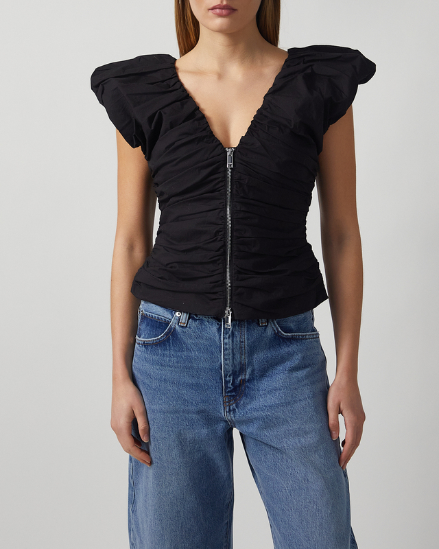 Ganni Top Stretch Cotton Ruched Black 36