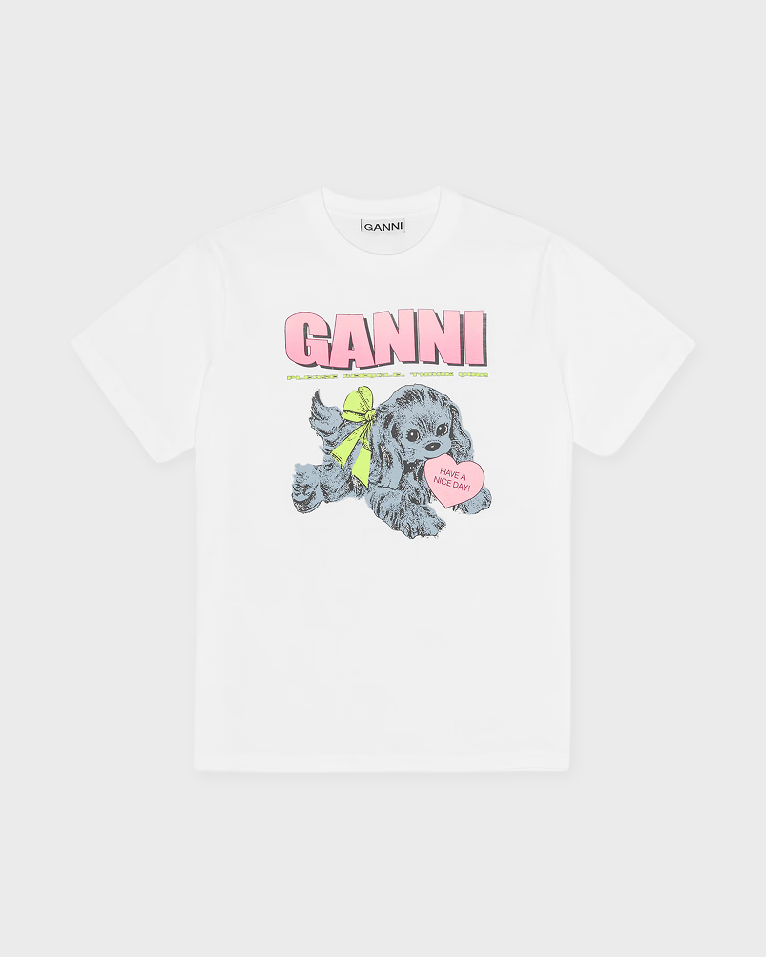 Ganni Women's White T-Shirt Basic Cotton Jersey Neon Puppy Xl