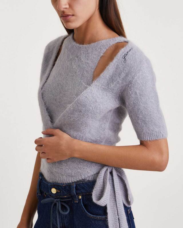 GANNI Topp Brushed Alpaca Short Sleeve  Grå XS