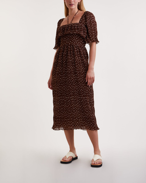 Klänning Pleated Georgette Midi Smock Brun 2