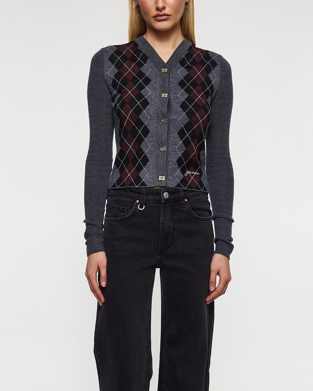 Ganni Cardigan Fine Merino Jacquard Grå S
