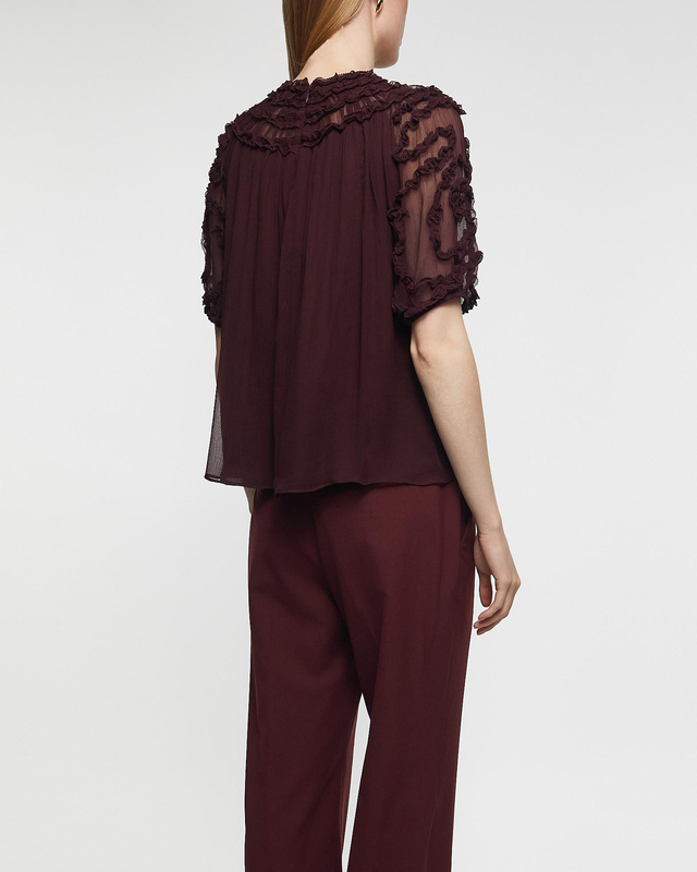 Ulla Johnson Blouse Isolda Silk Smocked Short Sleeve Mahogny  US 6 (EUR 38)