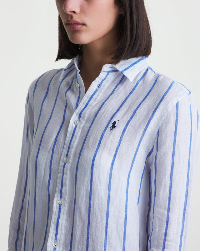 Polo Ralph Lauren Shirt Relaxed Long Sleeve Button Front Stripe Vit L