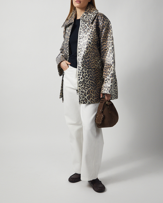 Ganni Jacket Laminated Cotton Canvas Leopard L-XL