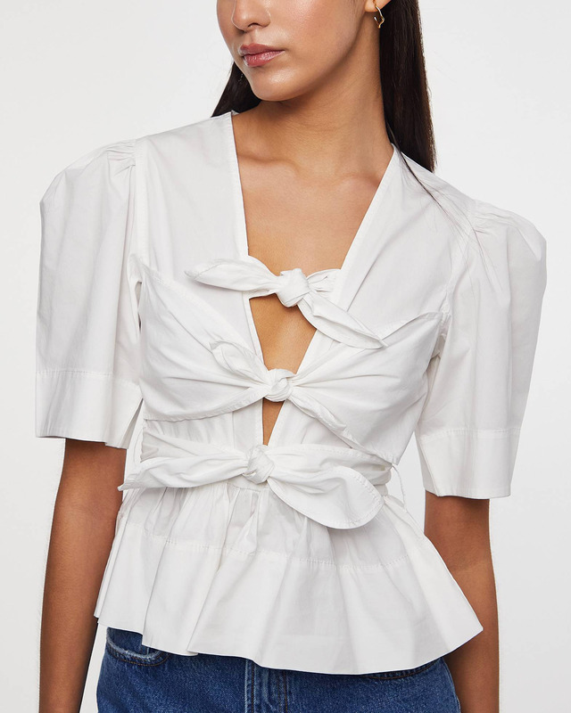 Ganni Blouse Washed Stretch Cotton Strap White 34