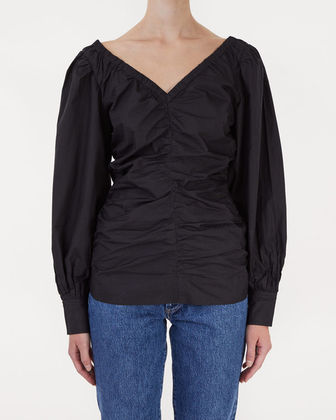 Blus Cotton Poplin V-neck Gathered Svart 1