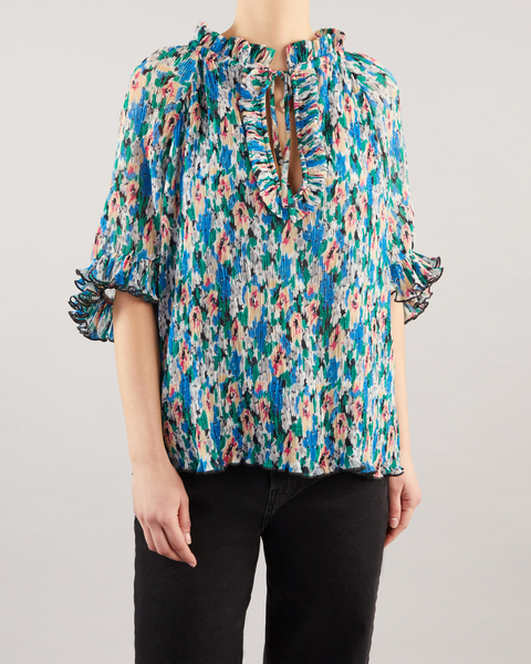 Pleated Georgette V-neck Raglan Blus Blå 1