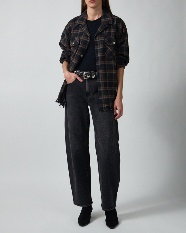 Found Skjorte Raw Cut Fringe Plaid Camp Navy L