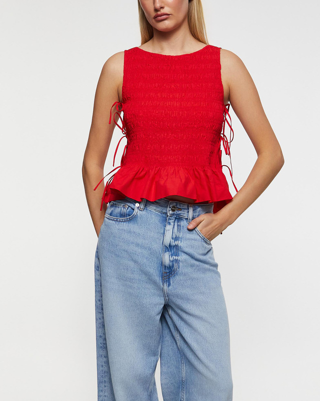 Ganni Top Cotton Poplin Smock Tie String Röd 34