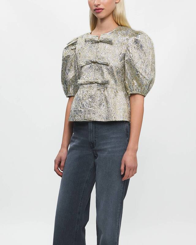 Ganni Blouse Metallic Cloque Peplum Silver/guld 38