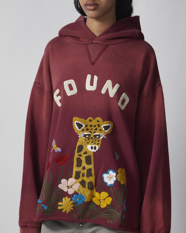 Found Hoodie Wildlife Embroidered Unisex Burgundy XS