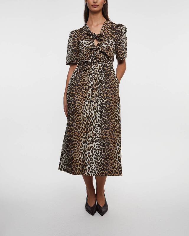 Ganni Dress Printed Cotton Tie Strap Midi  Leopard 42