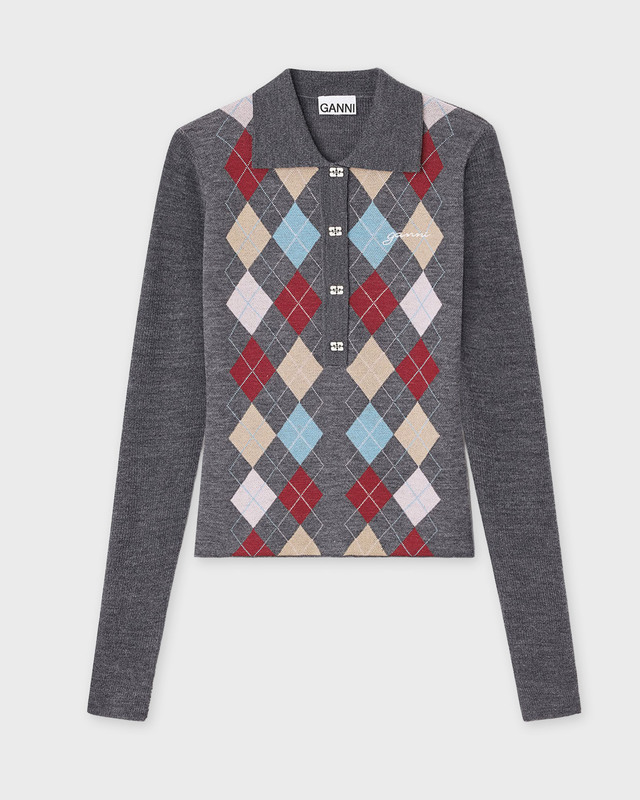 Ganni Sweater Fine Merino Jacquard Polo Paloma melange XL