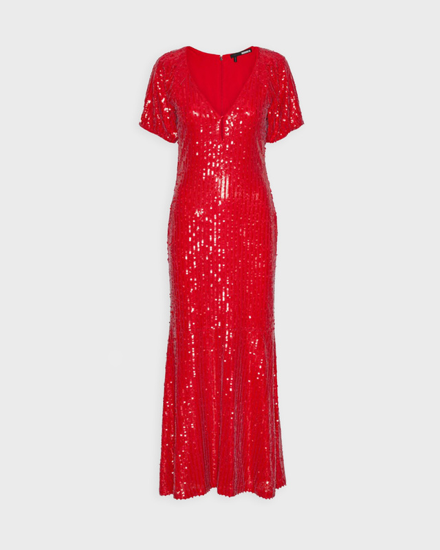 ROTATE Birger Christensen Klänning Sequins Midi V-Neck Röd 34