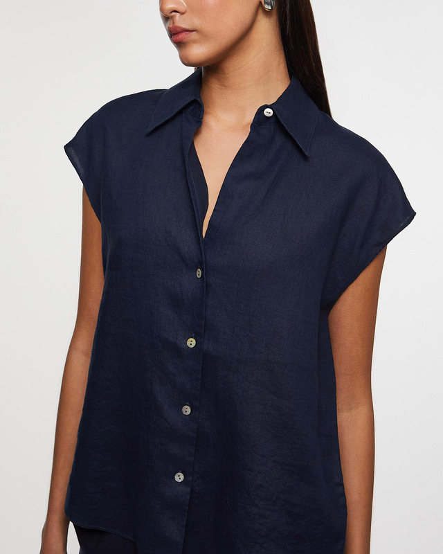Vince Blouse Linen Cap-Sleeve Button-Front Blue XS